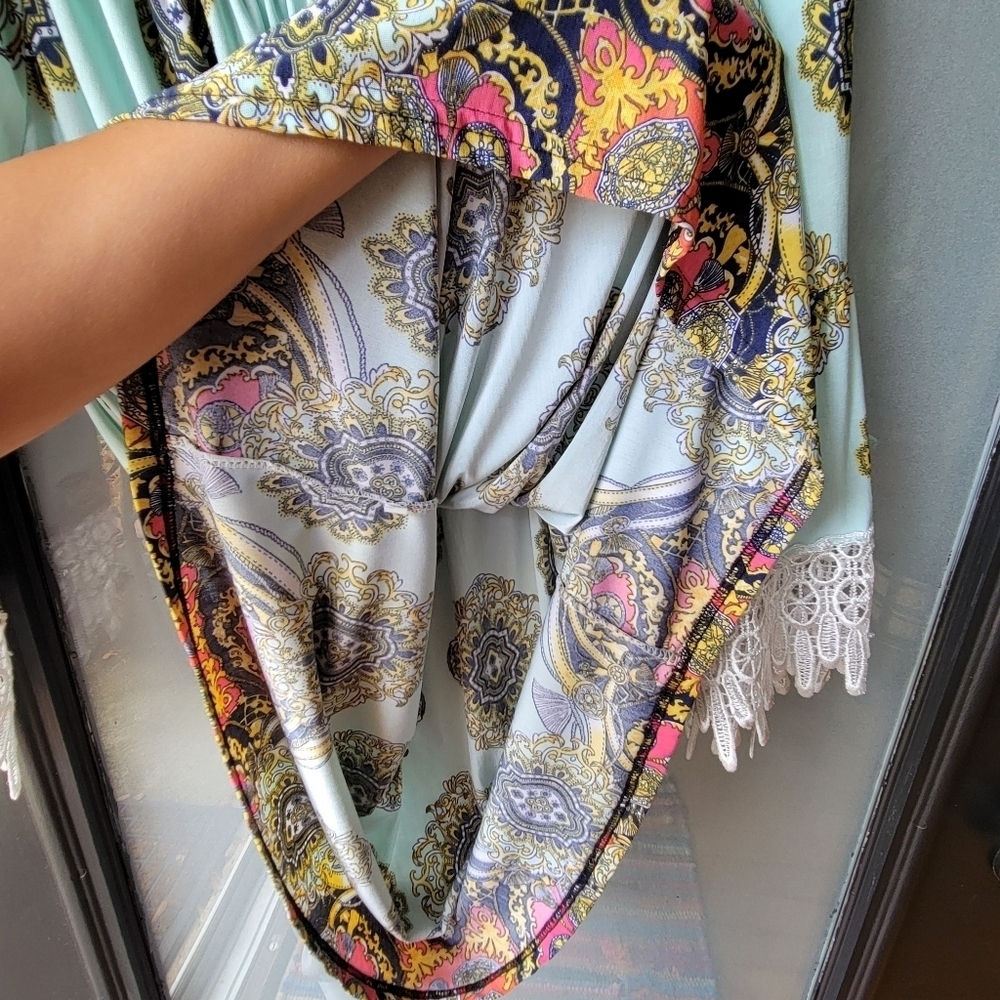 WIN WIN Boho Women's Blouse 3/4 Sleeves Off Shoulder L/XL Lace Multicolor Tunic - Picture 7 of 9
